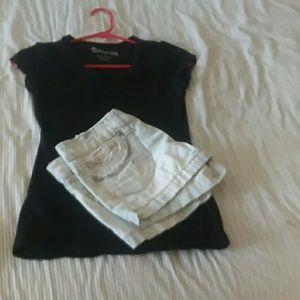 Black v- neck and jean shorts